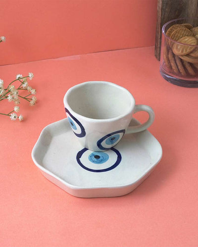 Protective Evil Eye Ceramic White Tea Cup & Saucer | Pack of 2