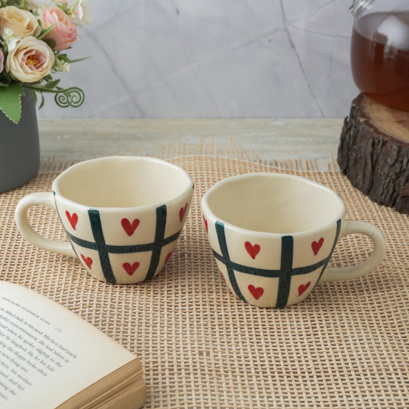 Checked Heart Ceramic Tea Cups | Set of 2 Default Title