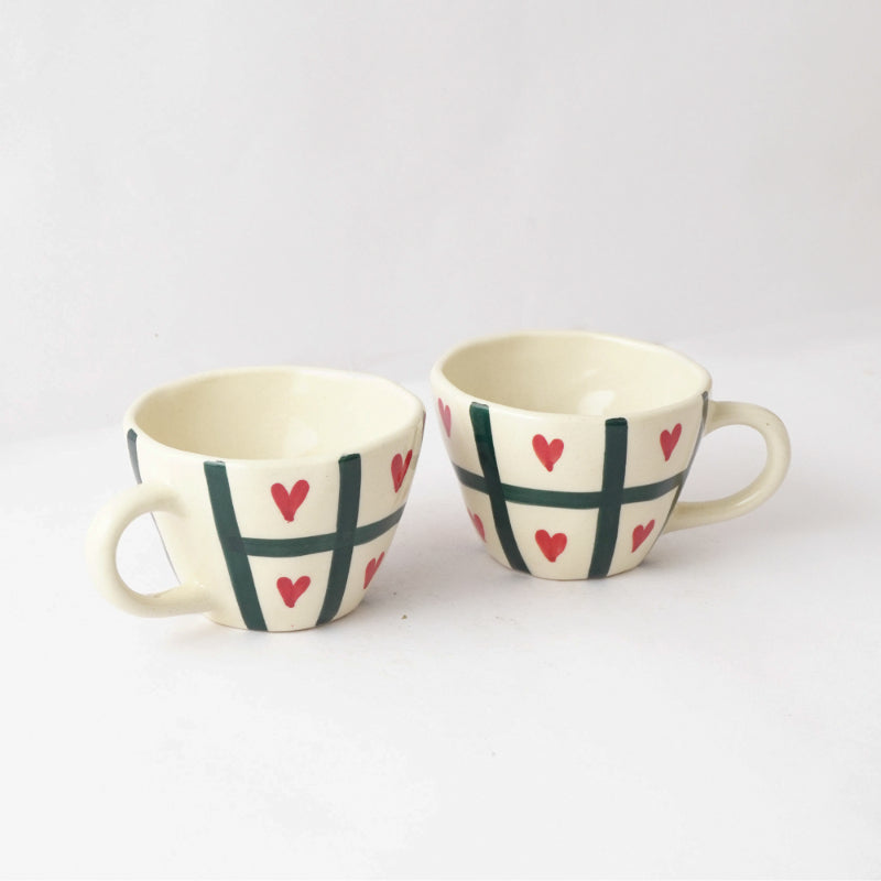 Checked Heart Ceramic Tea Cups | Set of 2 Default Title