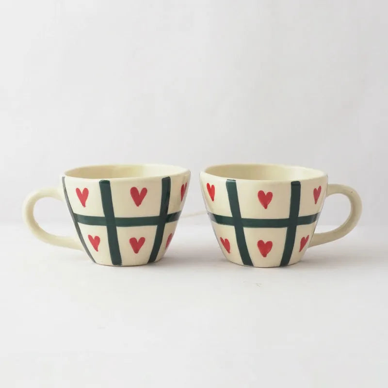 Checked Heart Ceramic Tea Cups | Set of 2 Default Title