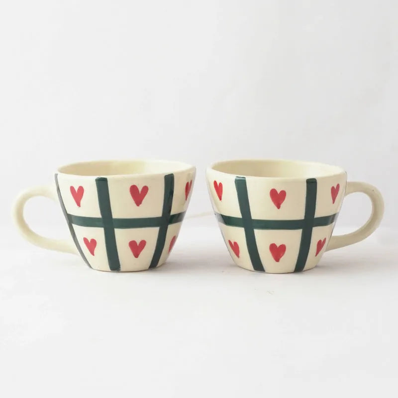 Checked Heart Ceramic Tea Cups | Set of 2 Default Title