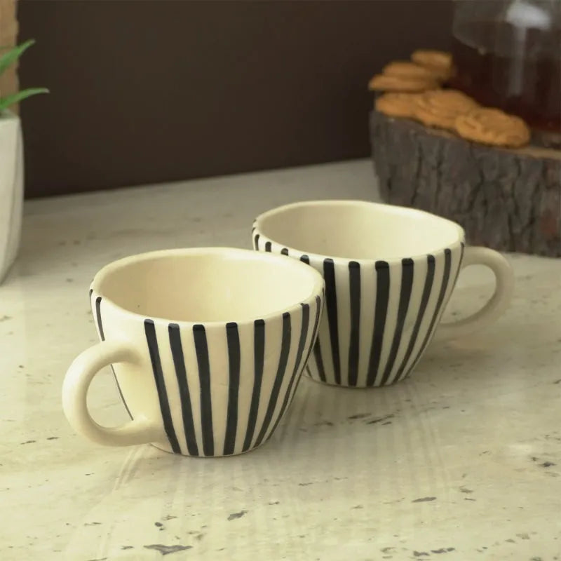 Black Striped Ceramic Tea Cups | Set of 2 Default Title