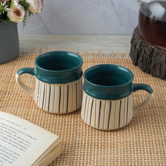 Green Striped Large Ceramic Mug  | Set of 2