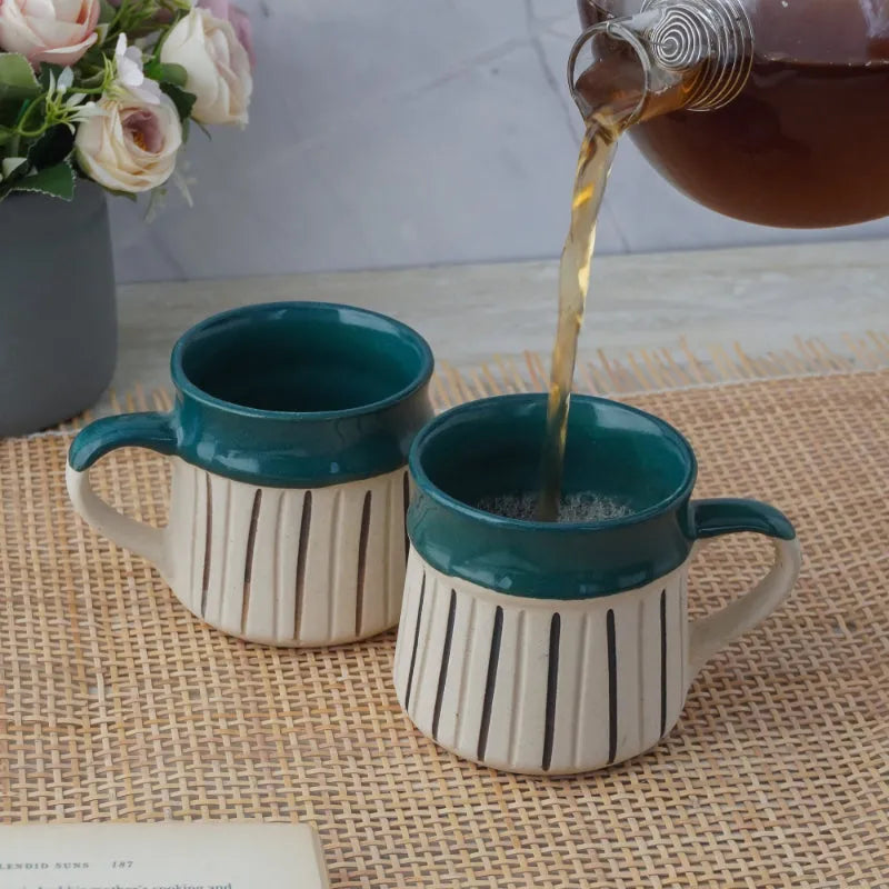 Green Striped Large Ceramic Mug  | Set of 2