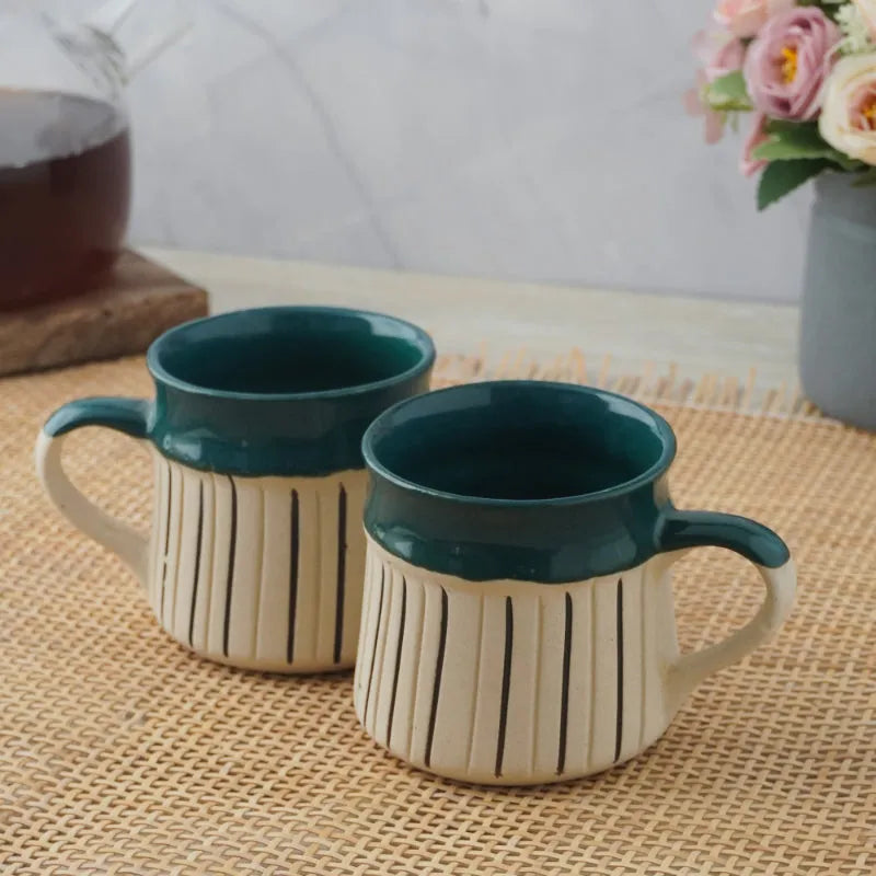 Green Striped Large Ceramic Mug  | Set of 2