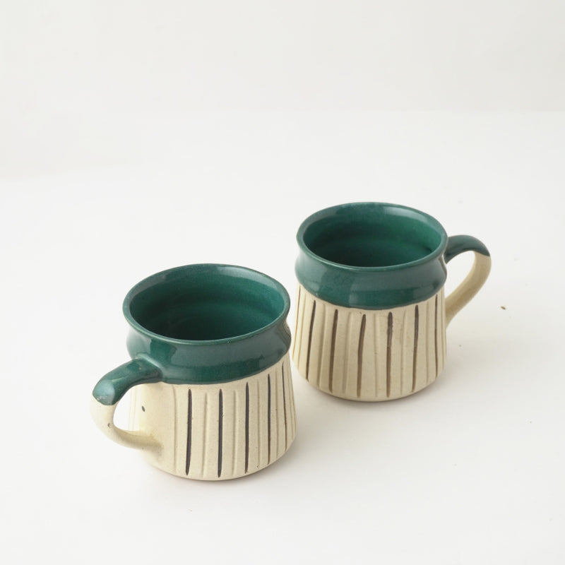 Green Striped Large Ceramic Mug  | Set of 2