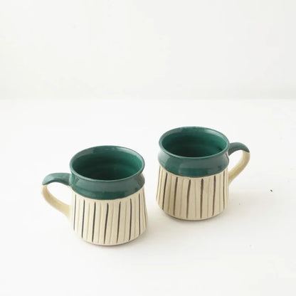 Green Striped Large Ceramic Mug  | Set of 2