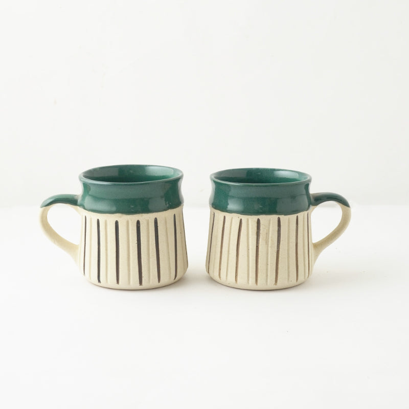 Green Striped Large Ceramic Mug  | Set of 2