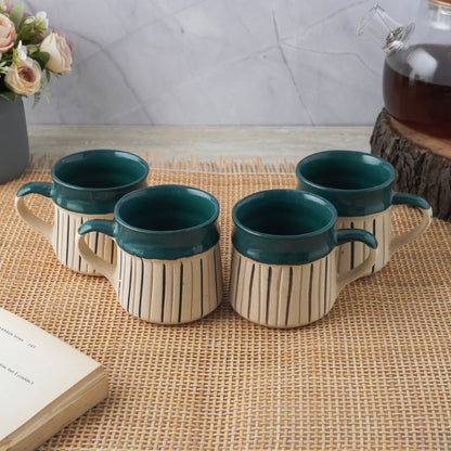 Green Striped Large Ceramic Mug  | Set of 4