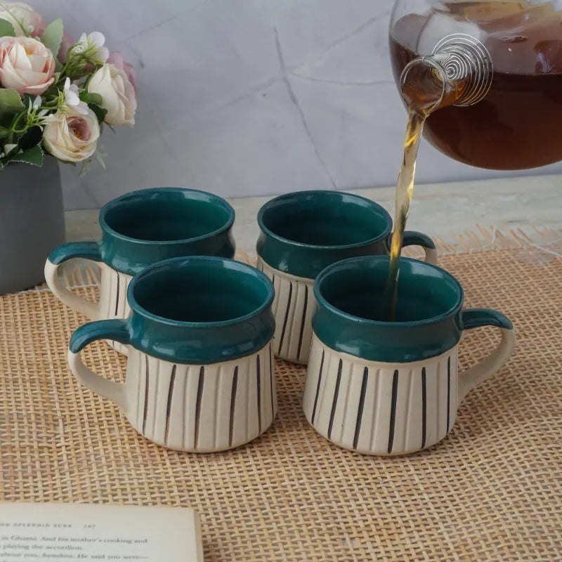 Green Striped Large Ceramic Mug  | Set of 4