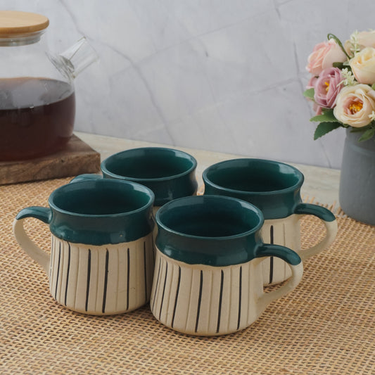 Green Striped Large Ceramic Mug  | Set of 4