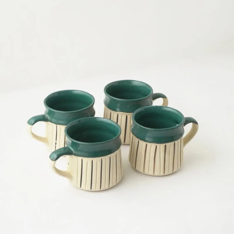 Green Striped Large Ceramic Mug  | Set of 4