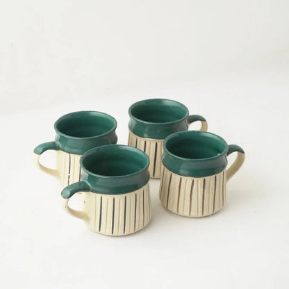 Green Striped Large Ceramic Mug  | Set of 4