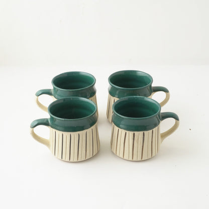 Green Striped Large Ceramic Mug  | Set of 4