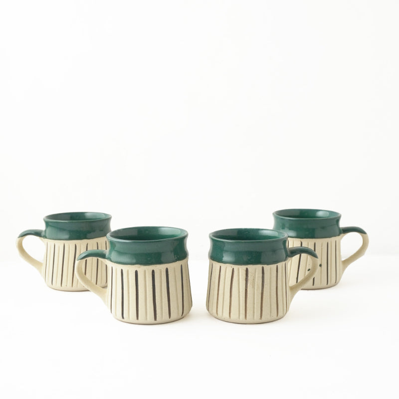 Green Striped Large Ceramic Mug  | Set of 4