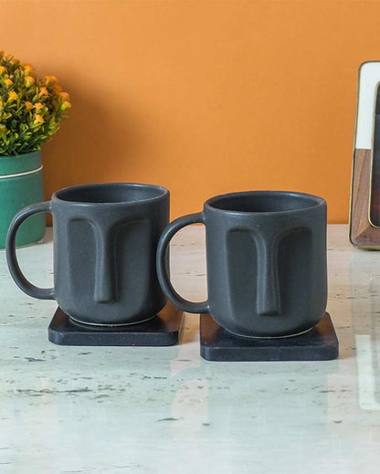 Elegant & Durable Black Shade Ceramic Face Mug | Set of 2 | 4 x 5 inches | 300ml