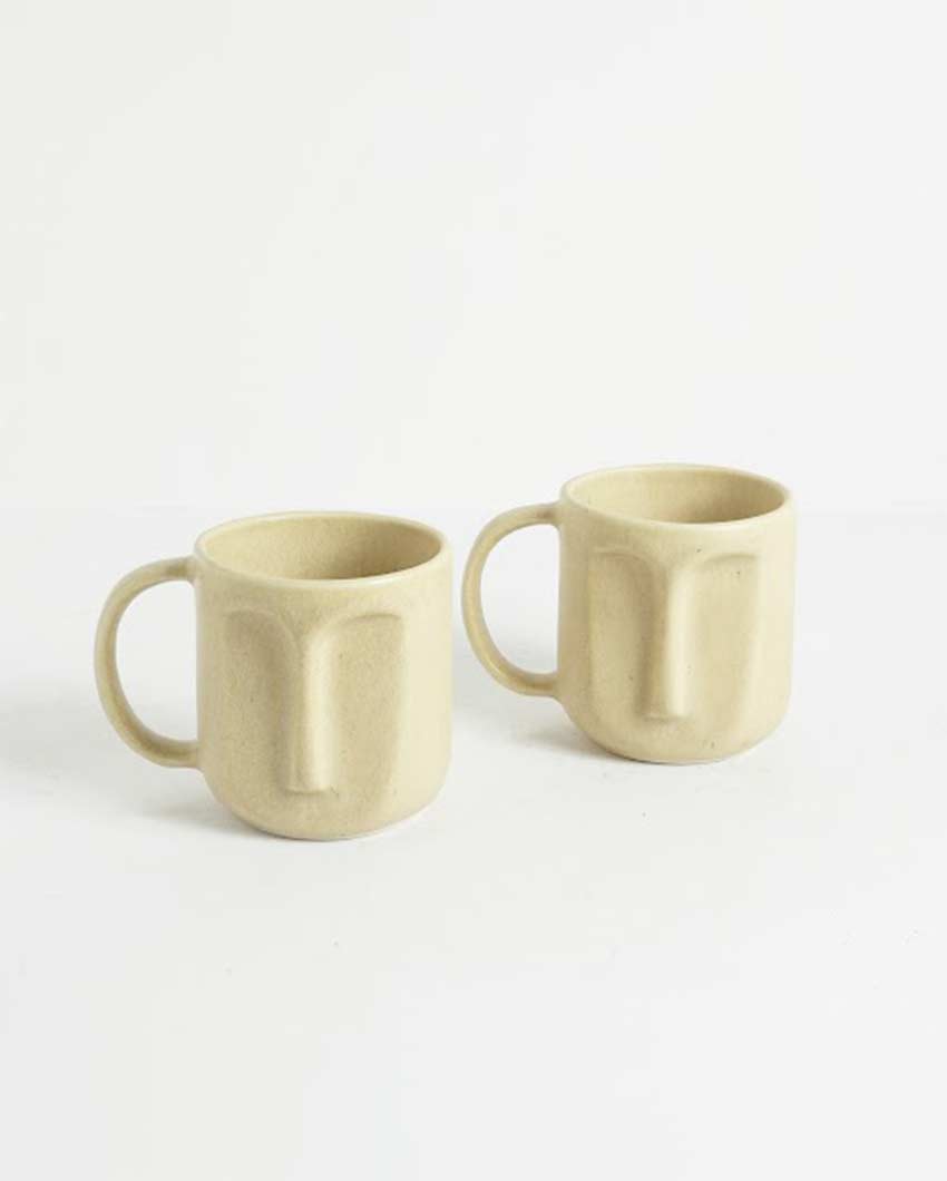 Durable Beige Shade Ceramic Face Mug | Set of 2 | 4 x 5 inches | 300ml