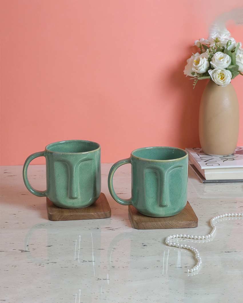 Beautiful Green Shade Ceramic Face Mug | Set of 2 | 4 x 5 inches | 300ml