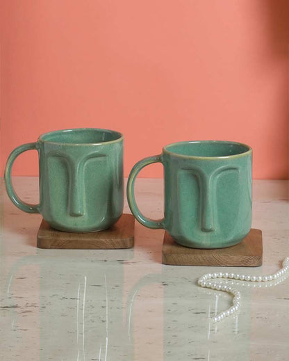 Beautiful Green Shade Ceramic Face Mug | Set of 2 | 4 x 5 inches | 300ml