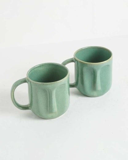 Beautiful Green Shade Ceramic Face Mug | Set of 2 | 4 x 5 inches | 300ml