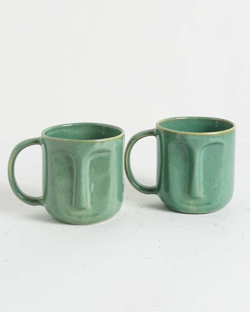 Beautiful Green Shade Ceramic Face Mug | Set of 2 | 4 x 5 inches | 300ml