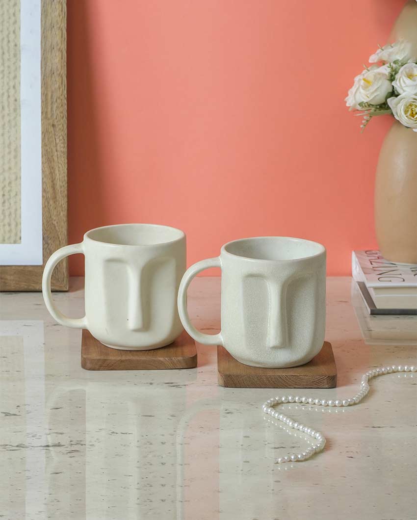 Premium Build White Shade Ceramic Face Mug | Set of 2 | 4 x 5 inches | 300ml