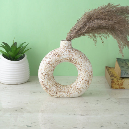 White & Brown Swatched Donut Ceramic Vase