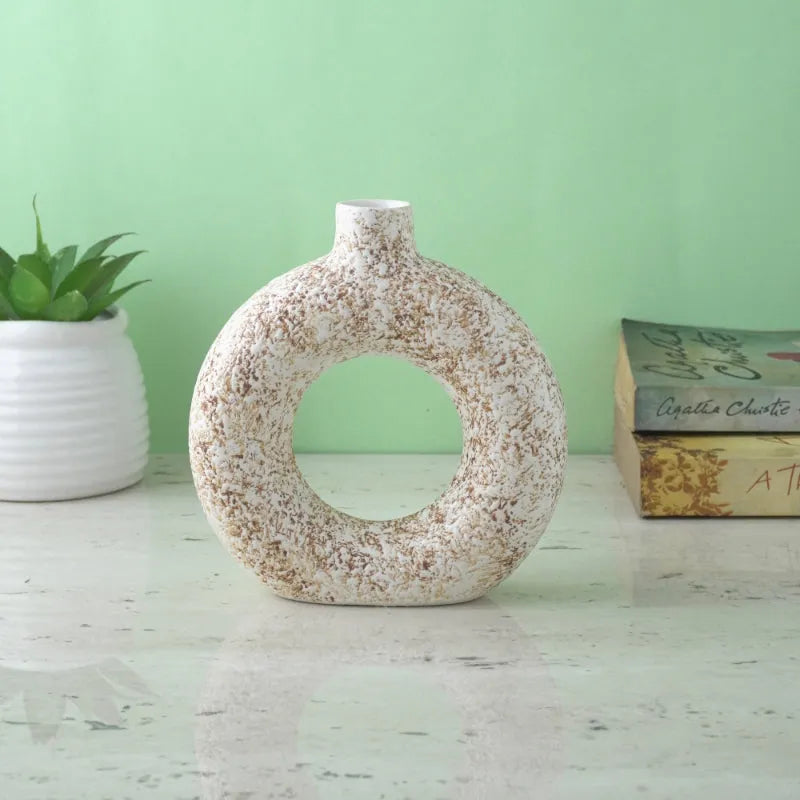 White & Brown Swatched Donut Ceramic Vase