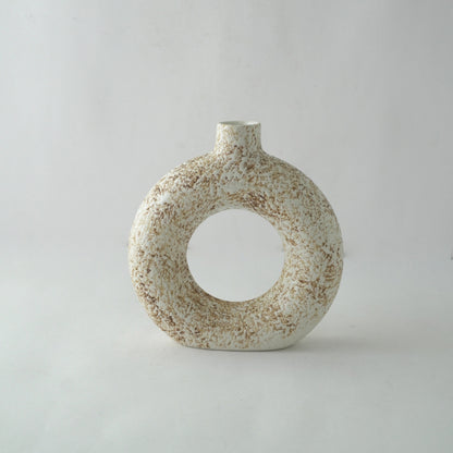 White & Brown Swatched Donut Ceramic Vase