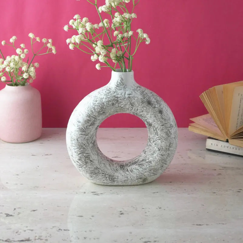 White & Black Swatched Donut Ceramic Vase