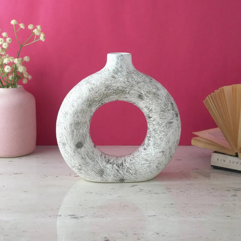 White & Black Swatched Donut Ceramic Vase