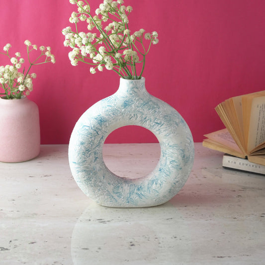 White & Blue Swatched Donut Ceramic Vase