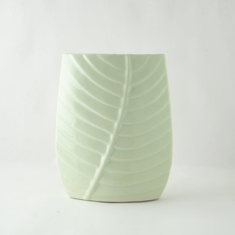 White Leaf Imprint Ceramic Vase Default Title