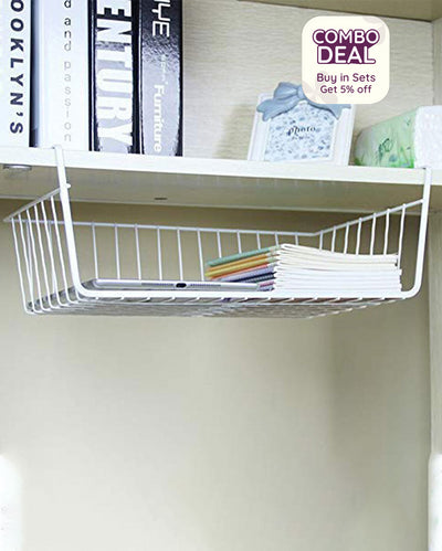 White Metal Under Shelf Multi-Purpose Storage Basket | 16 inch