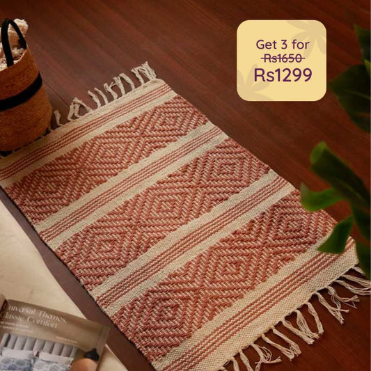 Red & White Hand-loomed Cotton Dhurrie | Floormat | 34x21 Inches