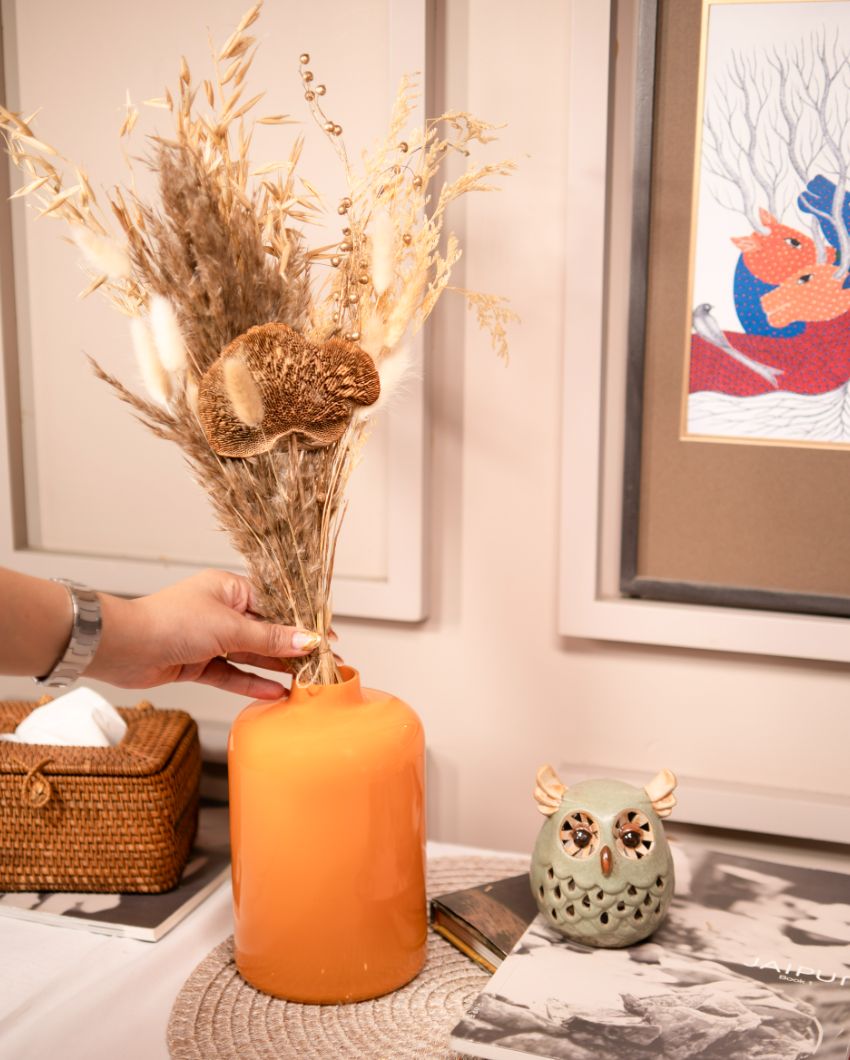 Tangerine Elegance Glass Vase with Dried Flower Bunch