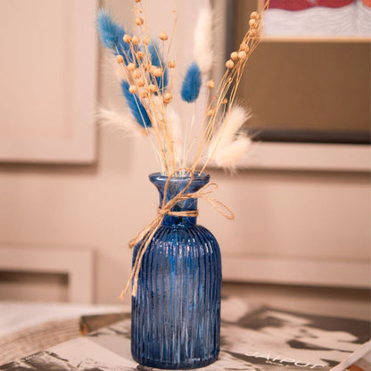 Ocean Blue Glass Vase with Dried Flower Bunch