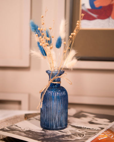 Ocean Blue Glass Vase with Dried Flower Bunch