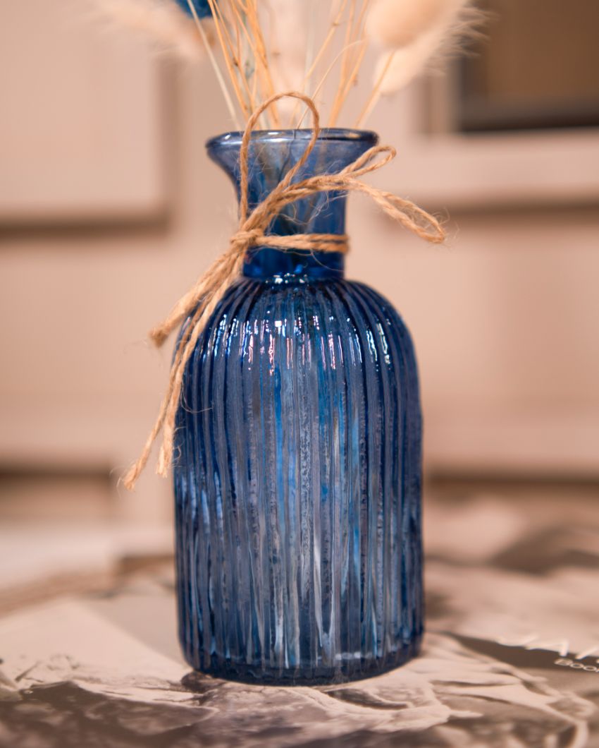 Ocean Blue Glass Vase with Dried Flower Bunch