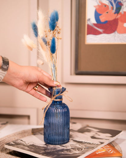 Ocean Blue Glass Vase with Dried Flower Bunch