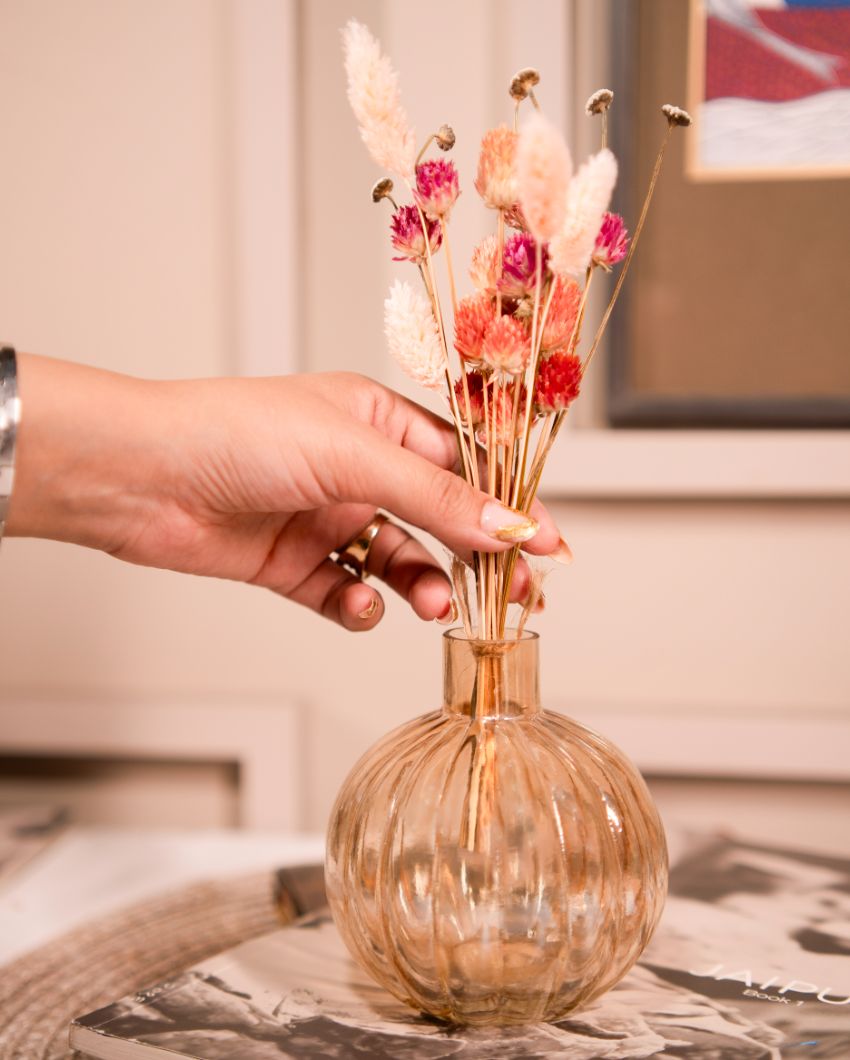 Pumpkin Glass Vase with Dried Flower Bunch