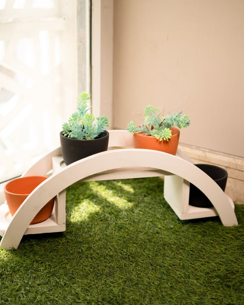 Four Ceramic Planters with Wooden Stand