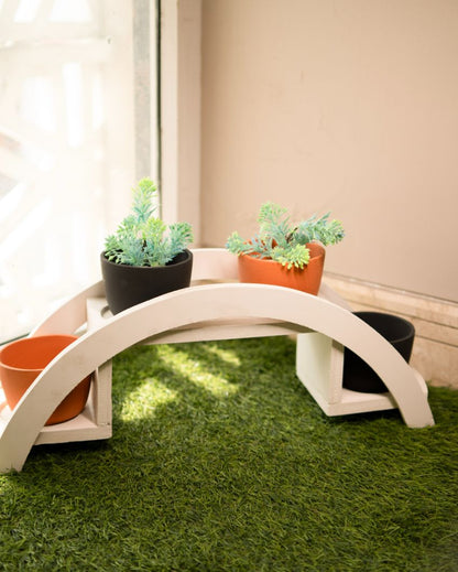 Four Ceramic Planters with Wooden Stand