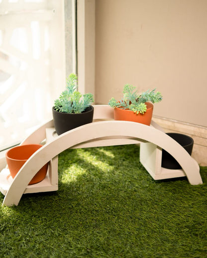 Four Ceramic Planters with Wooden Stand