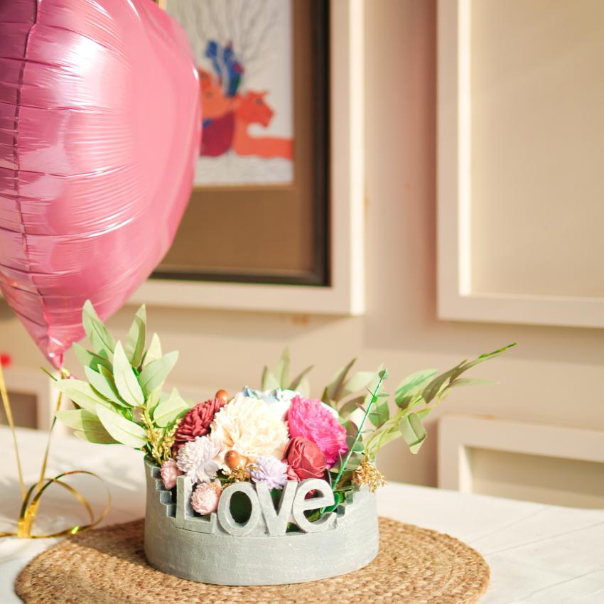 Vibrant Love Ceramic Centerpiece with Multicolor Sola Flowers | 7 x 3 inches