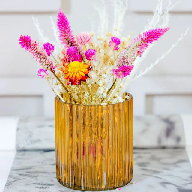 Yellow Horizontal Glass Vase With Garden Bunch