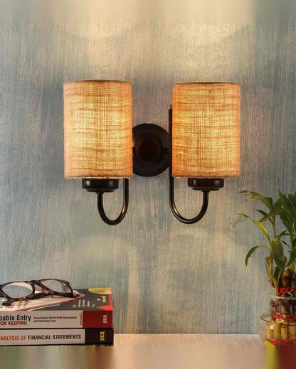 Elegant Jute Wall Mounted Dual Lamp Iron Base | Set of 2 | 12 x 6 x 9 inches