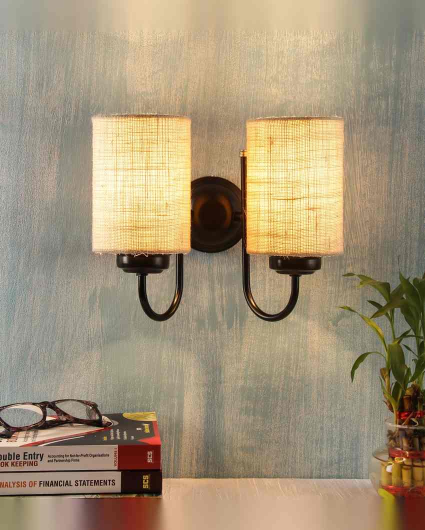 Elegant Jute Wall Mounted Dual Lamp Iron Base | Set of 2 | 12 x 6 x 9 inches