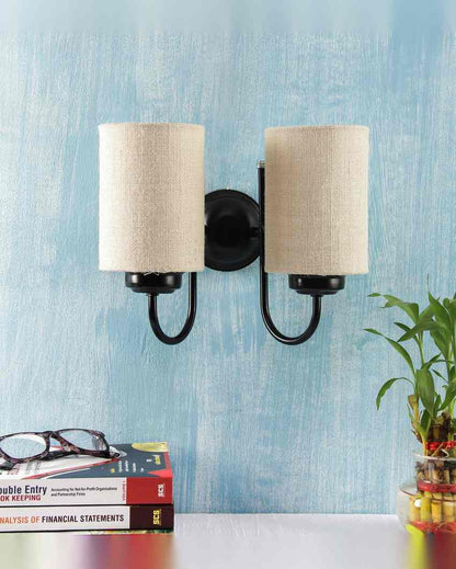 Elegant Jute Wall Mounted Dual Lamp Iron Base | Set of 2 | 12 x 6 x 9 inches