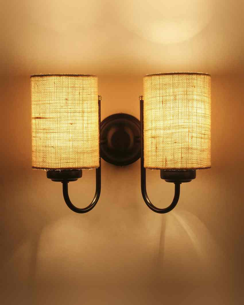 Elegant Jute Wall Mounted Dual Lamp Iron Base | Set of 2 | 12 x 6 x 9 inches